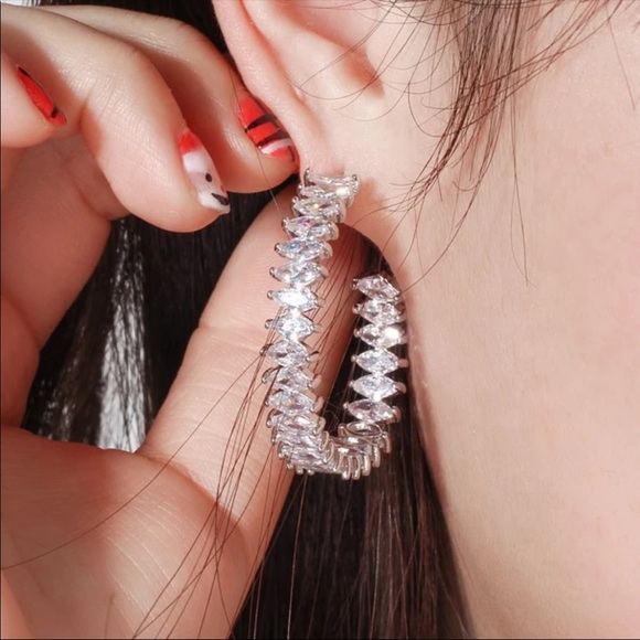 New Women’s Marquise Cut Diamond Hoop Earrings - Picture 4 of 5